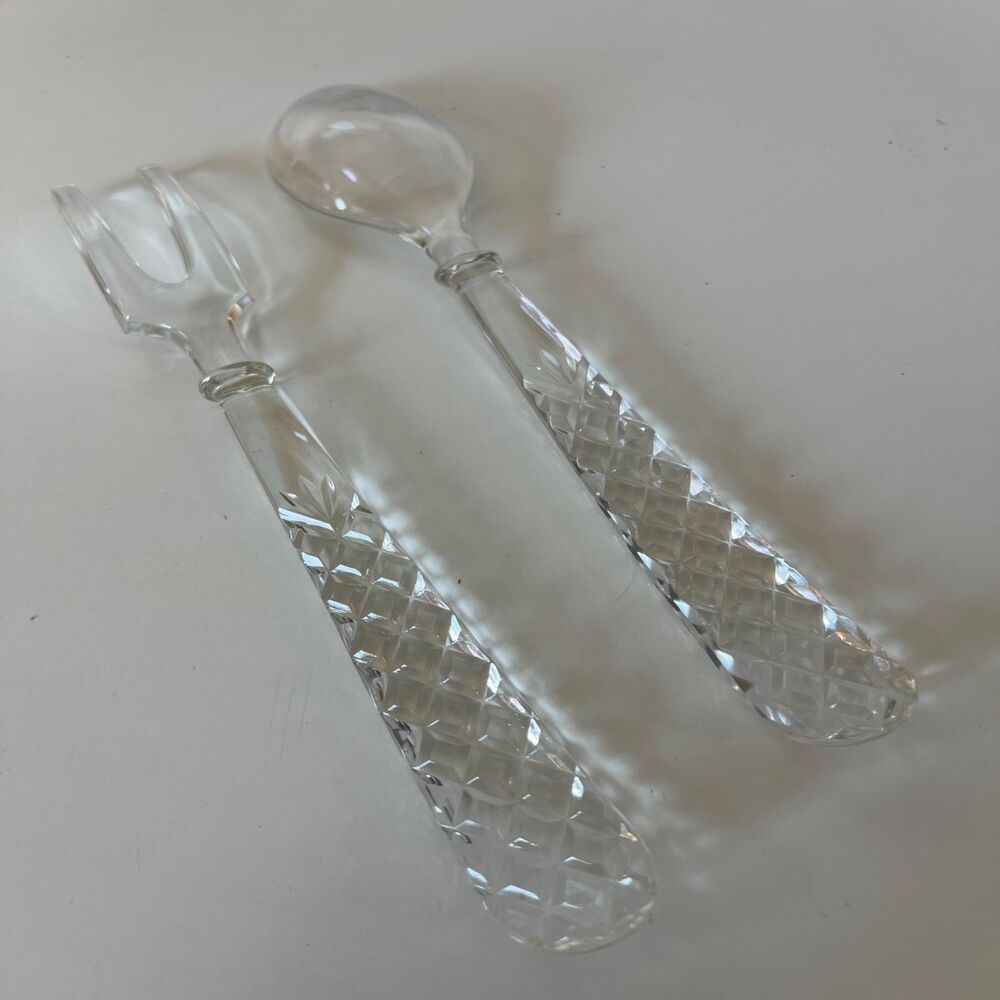2 Vintage Anchor Hocking Crystal Pressed Glass Salad Serving Spoon Fork Wexford - Picture 2 of 3